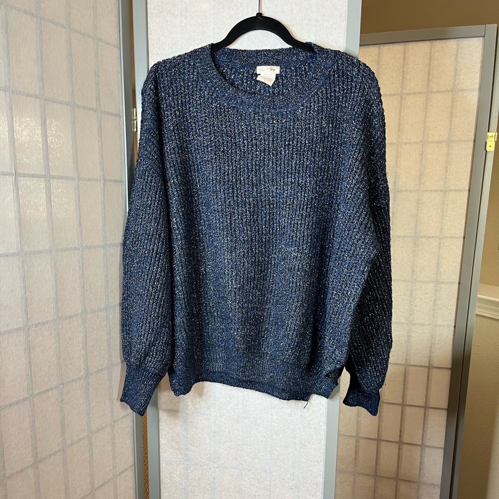 NWOT Lily Sky blue with silver threading balloon sleeved sweater